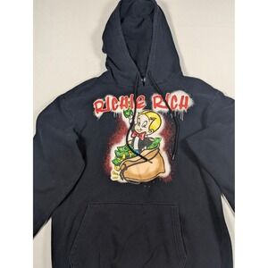 Richie Rich Mens Black Graphic Hoodie Sweatshirt Money Bag Streetwear Small